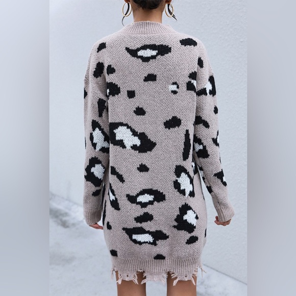 Khaki Leopard Print Drop Shoulder Sweater Dress - Picture 5 of 5